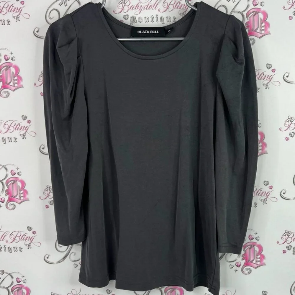 Black bull long sleeve puff shoulder top Women's Charcoal Blouse